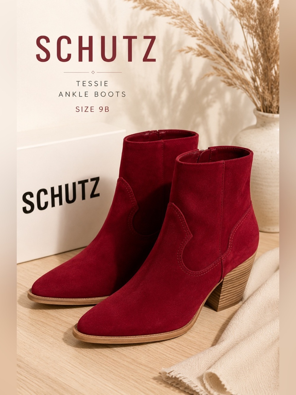 Schutz Tessie Red Suede Western Ankle Boots NIB Size 9B